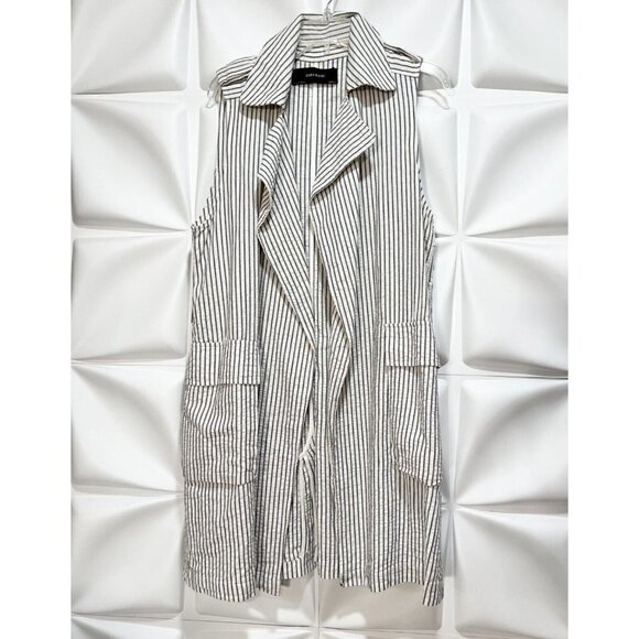 Zara Sz S Long Blue Ivory Striped Trench Seersucker Utility Duster Vest Jacket - Picture 8 of 12